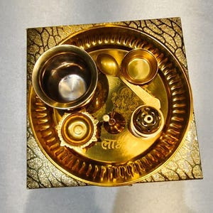 24K Gold Plated Pooja Thali Set with Gift Box Hindu Puja Essentials Kit Spiritual Diwali Gift Housewarming Wedding Return Gift Festive Decor image 7