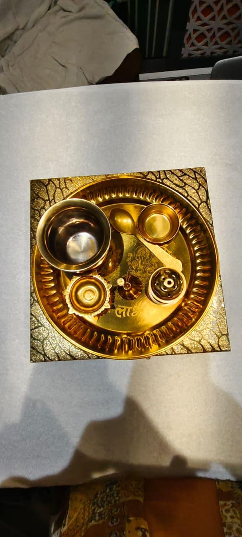 24K Gold Plated Pooja Thali Set with Gift Box Hindu Puja Essentials Kit Spiritual Diwali Gift Housewarming Wedding Return Gift Festive Decor image 7
