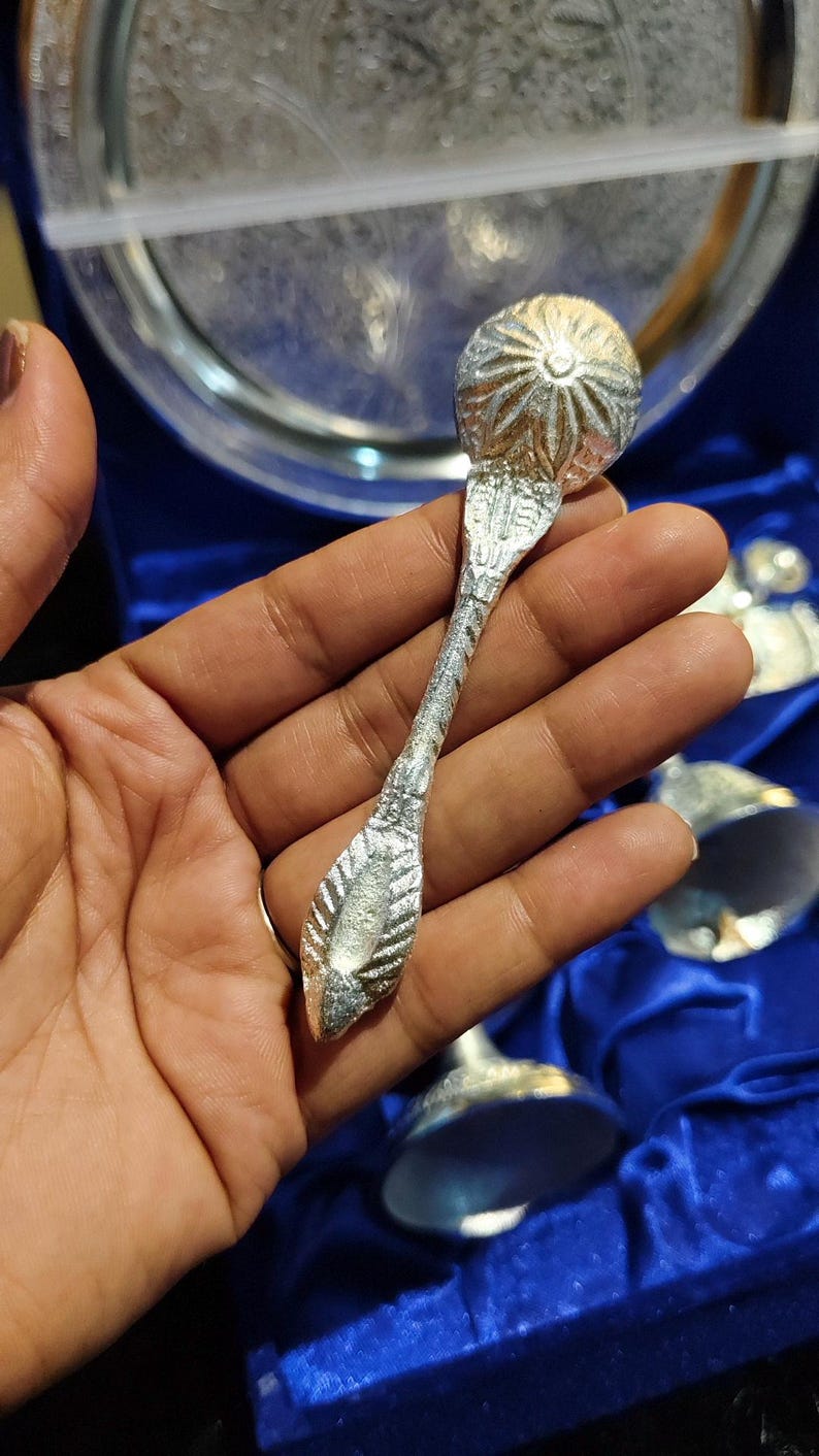 Silver Thali Set Gift , German Silver Pooja Thali Set with Velvet Gift Box |Silver Plated Puja Thali | Diwali Gift | Wedding Return Gift Set image 19