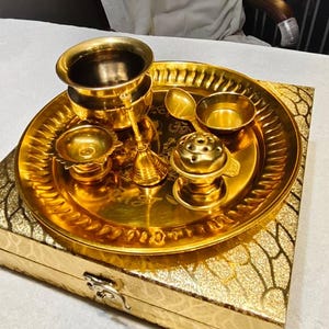24K Gold Plated Pooja Thali Set with Gift Box Hindu Puja Essentials Kit Spiritual Diwali Gift Housewarming Wedding Return Gift Festive Decor image 4