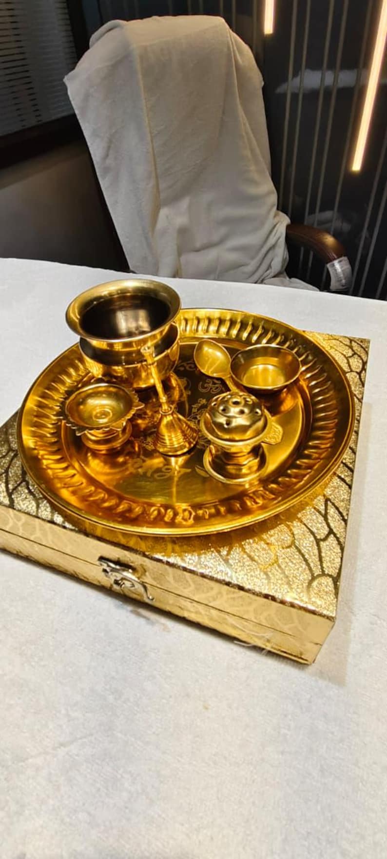 24K Gold Plated Pooja Thali Set with Gift Box Hindu Puja Essentials Kit Spiritual Diwali Gift Housewarming Wedding Return Gift Festive Decor image 4