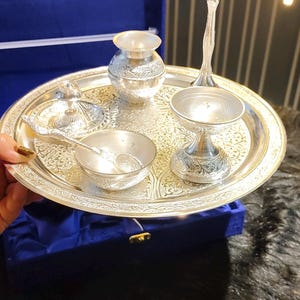 Silver Thali Set Gift , German Silver Pooja Thali Set with Velvet Gift Box |Silver Plated Puja Thali | Diwali Gift | Wedding Return Gift Set image 15