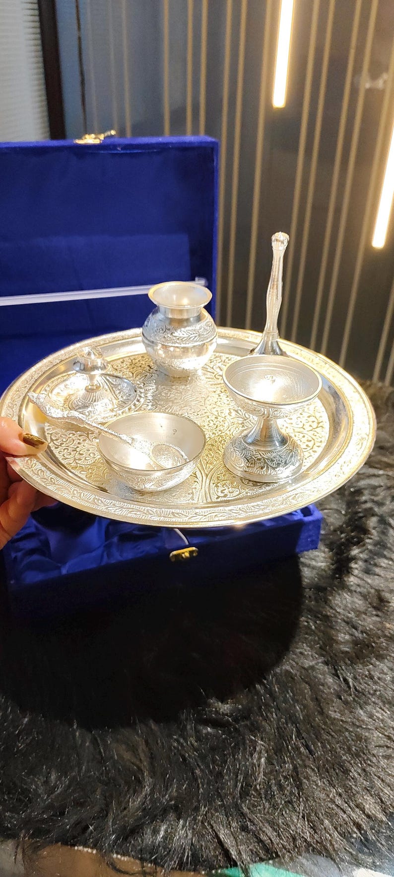 Silver Thali Set Gift , German Silver Pooja Thali Set with Velvet Gift Box |Silver Plated Puja Thali | Diwali Gift | Wedding Return Gift Set image 15