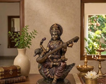 Estatua de la diosa Saraswati con acabado antiguo, sentada con Veena, diosa hindú del conocimiento y la sabiduría, Murti, decoración espiritual para el hogar, regalo.
