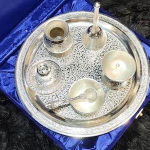 Silver Thali Set Gift , German Silver Pooja Thali Set with Velvet Gift Box |Silver Plated Puja Thali | Diwali Gift | Wedding Return Gift Set image 4