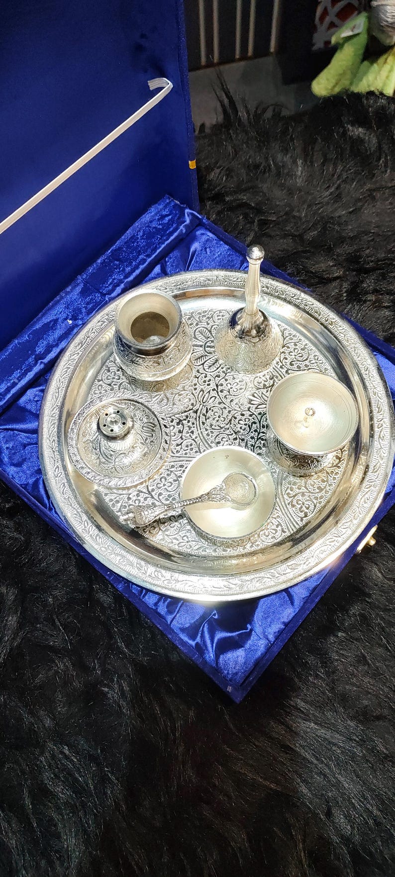 Silver Thali Set Gift , German Silver Pooja Thali Set with Velvet Gift Box |Silver Plated Puja Thali | Diwali Gift | Wedding Return Gift Set image 4