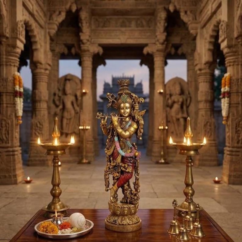 Puede incluir: Una detallada estatua dorada de una deidad tocando la flauta, ubicada en un templo. La estatua est&aacute; adornada con ropa y joyas coloridas. A ambos lados de la estatua hay l&aacute;mparas de lat&oacute;n ornamentadas y un peque&ntilde;o plato de ofrendas. El fondo presenta pilares y estatuas de piedra.
