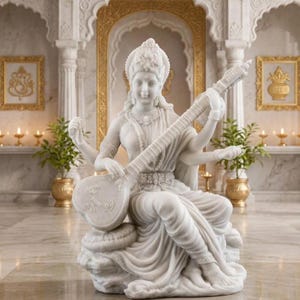 Saraswati Statue with Veena 6 Inch | Marble Look Maa Saraswati Idol | Goddess of Knowledge Murti | Study Desk Home Temple Decor