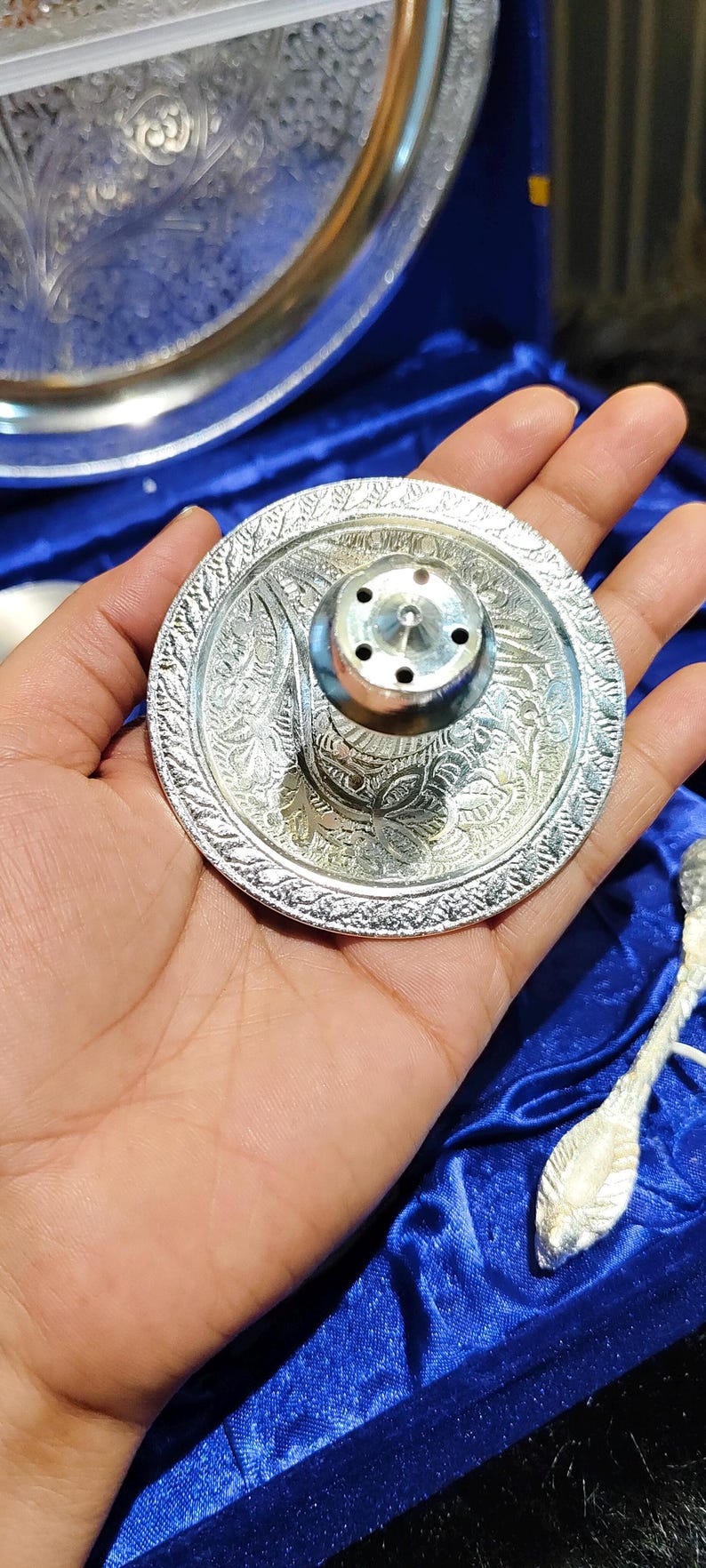 Silver Thali Set Gift , German Silver Pooja Thali Set with Velvet Gift Box |Silver Plated Puja Thali | Diwali Gift | Wedding Return Gift Set image 12