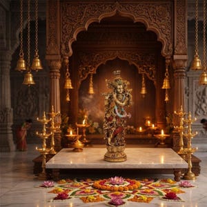 Puede incluir: Imagen detallada de un interior de templo hind&uacute;. Una estatua dorada de una deidad tocando la flauta se encuentra en una plataforma de m&aacute;rmol. La escena est&aacute; adornada con velas, campanas colgantes y decoraciones florales, creando un ambiente sereno.