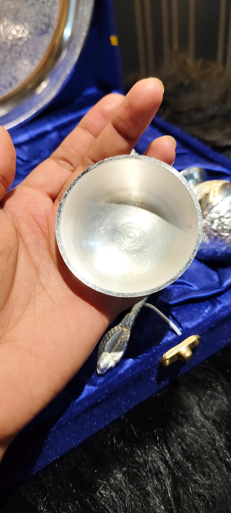 Silver Thali Set Gift , German Silver Pooja Thali Set with Velvet Gift Box |Silver Plated Puja Thali | Diwali Gift | Wedding Return Gift Set image 10