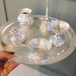 Silver Thali Set Gift , German Silver Pooja Thali Set with Velvet Gift Box |Silver Plated Puja Thali | Diwali Gift | Wedding Return Gift Set image 6
