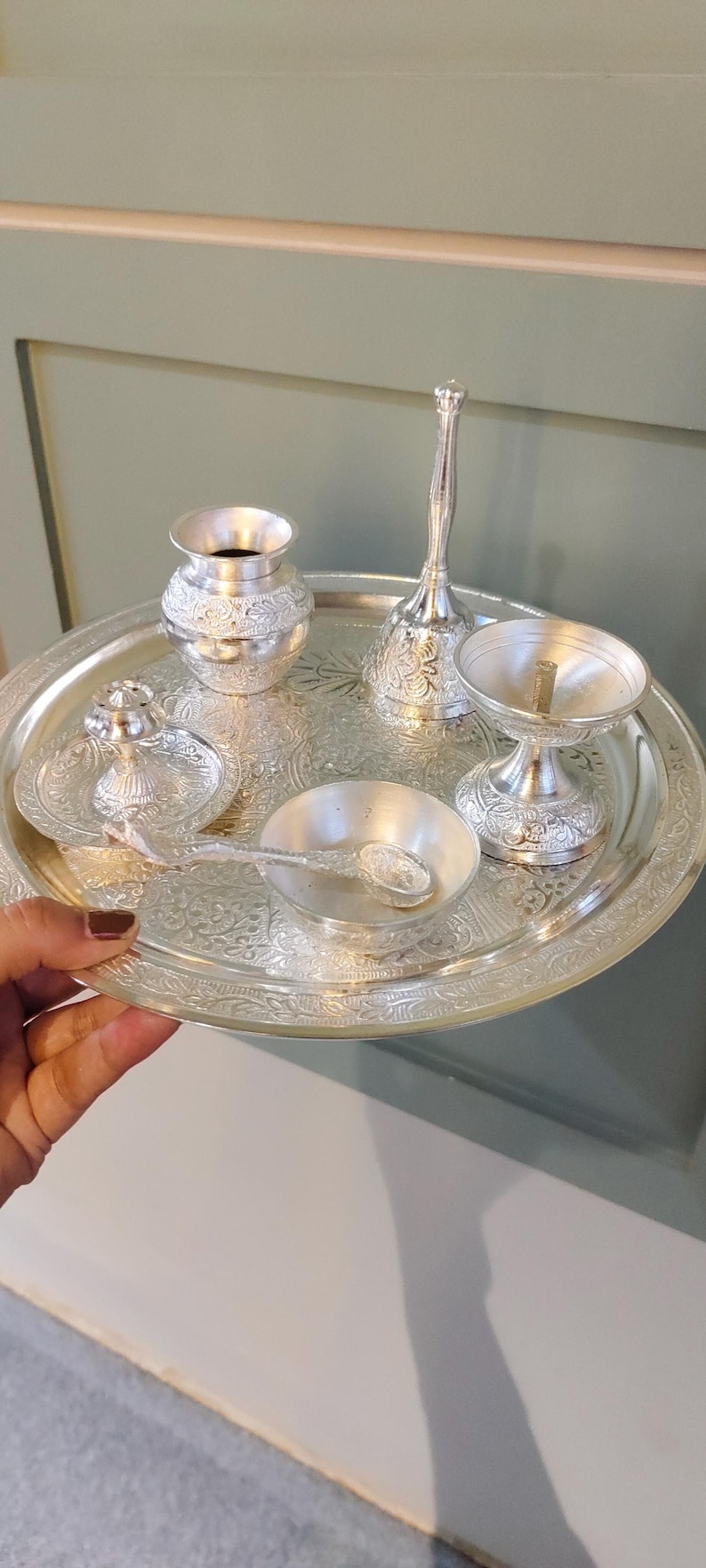 Silver Thali Set Gift , German Silver Pooja Thali Set with Velvet Gift Box |Silver Plated Puja Thali | Diwali Gift | Wedding Return Gift Set image 6