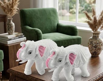 White Elephant Statue Set for Home Decor | Spiritual Elephant Figurines | Lucky Feng Shui Animal Sculpture | Resin Office Table Decor Gift