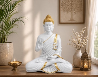 15 Inch Meditating Buddha Statue White & Gold Finish Large Resin Buddha Idol for Home Decor Zen Meditation Sculpture Spiritual Gift
