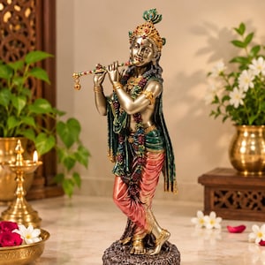 25 cm Krishna-staty | Krishna-idol i harts med flöjt | Handmålad Krishna Murti hinduisk gudstaty, tempeldekor, andlig gåva