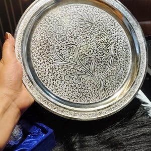 Silver Thali Set Gift , German Silver Pooja Thali Set with Velvet Gift Box |Silver Plated Puja Thali | Diwali Gift | Wedding Return Gift Set image 16