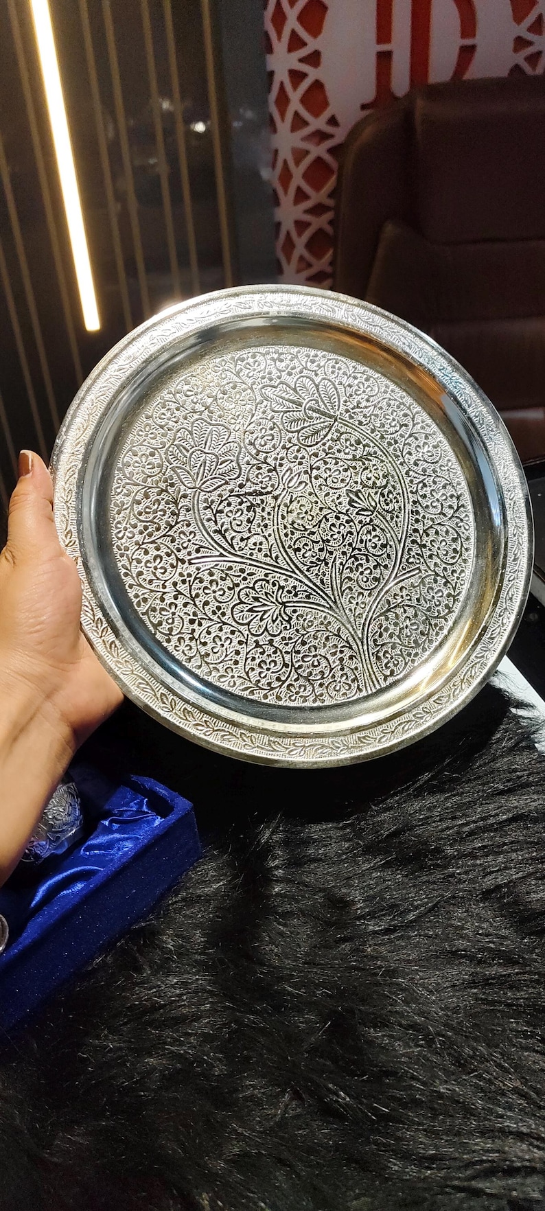 Silver Thali Set Gift , German Silver Pooja Thali Set with Velvet Gift Box |Silver Plated Puja Thali | Diwali Gift | Wedding Return Gift Set image 16