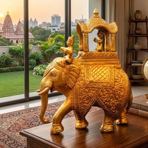 May include: A gold-coloured decorative figurine of an elephant with intricate embossed patterns. A figure sits on the elephant's back under a canopy, while another small figure is positioned inside the structure. The piece has a metallic finish.