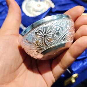 Silver Thali Set Gift , German Silver Pooja Thali Set with Velvet Gift Box |Silver Plated Puja Thali | Diwali Gift | Wedding Return Gift Set image 11