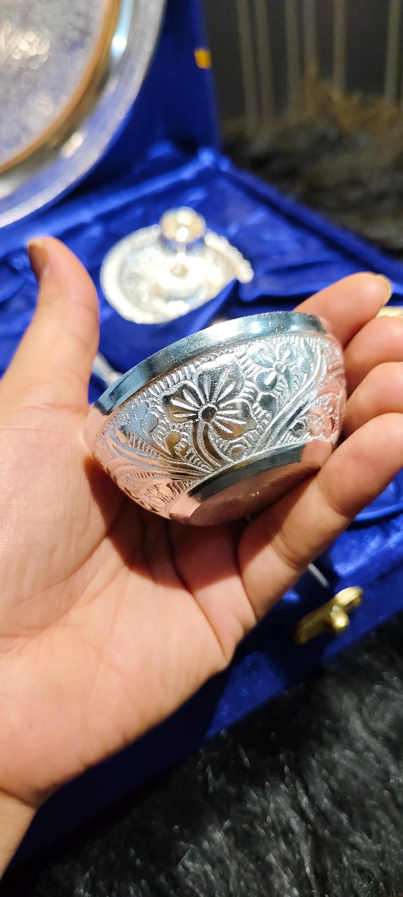 Silver Thali Set Gift , German Silver Pooja Thali Set with Velvet Gift Box |Silver Plated Puja Thali | Diwali Gift | Wedding Return Gift Set image 11