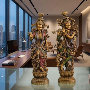 Radha Krishna Statue Set, Spiritual Hindu Decor, Brass Finish Divine Couple Sculpture, Meditation Altar Idol, Boho Sacred Home Office Decor
