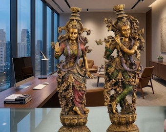 Conjunto de estatuas de Radha Krishna, decoración espiritual hindú, escultura de pareja divina con acabado en latón, ídolo para altar de meditación, decoración sagrada bohemia para el hogar y la oficina.
