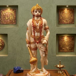 Puede incluir: Una detallada estatua de Hanuman, una deidad hindú, es el punto focal. La figura está adornada con joyas doradas y rojas y sostiene una maza dorada. La estatua se encuentra sobre un fondo de arte mural y una superficie de madera, creando un ambiente sereno y espiritual.