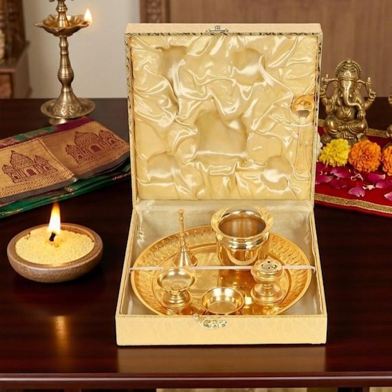24K Gold Plated Pooja Thali Set with Gift Box Hindu Puja Essentials Kit Spiritual Diwali Gift Housewarming Wedding Return Gift Festive Decor