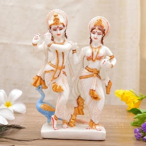 Radha Krishna Statue Marble Finish, Krishna Radha Murti with Peacock, Hindu God Idol, Spiritual Home Decor, Romantic Gift, Spiritual Gift