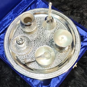 Silver Thali Set Gift , German Silver Pooja Thali Set with Velvet Gift Box |Silver Plated Puja Thali | Diwali Gift | Wedding Return Gift Set image 3