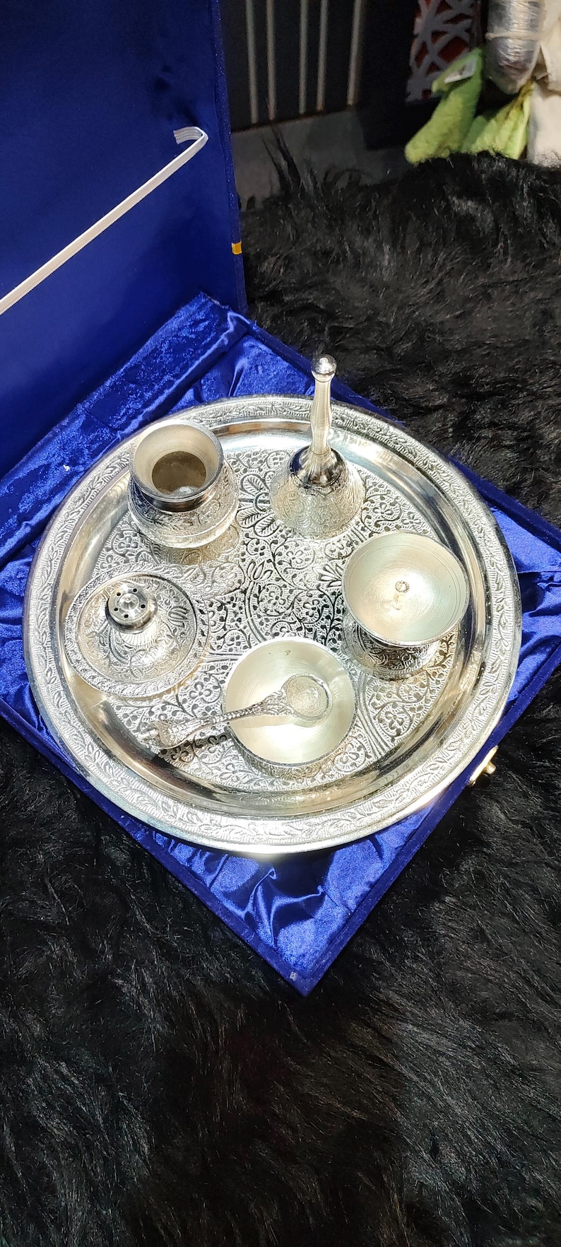 Silver Thali Set Gift , German Silver Pooja Thali Set with Velvet Gift Box |Silver Plated Puja Thali | Diwali Gift | Wedding Return Gift Set image 3