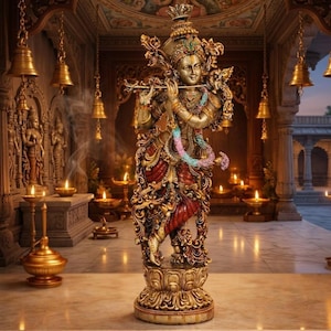Lord Krishna Flute Statue, Handcrafted Krishna Idol, Hindu God Murti, Spiritual Home Decor, Krishna Sculpture, Gift for Devotees
