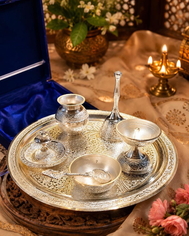German silver pooja thali set
Silver plated puja thali
Velvet gift box pooja set
Hindu worship accessories
Diwali pooja thali set
Traditional silver puja tray
Lakshmi Ganesh pooja accessories
Wedding return gift set
Housewarming spiritual gift
Decorative German silver thali
Home temple worship kit
Religious ceremony accessories
Festival gifting puja set