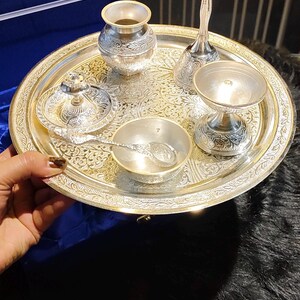 Silver Thali Set Gift , German Silver Pooja Thali Set with Velvet Gift Box |Silver Plated Puja Thali | Diwali Gift | Wedding Return Gift Set image 18