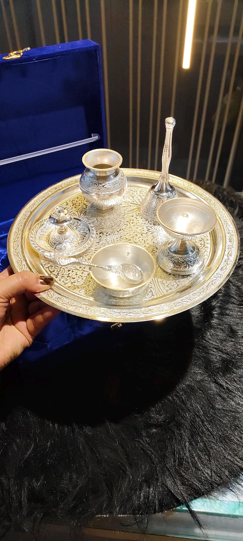 Silver Thali Set Gift , German Silver Pooja Thali Set with Velvet Gift Box |Silver Plated Puja Thali | Diwali Gift | Wedding Return Gift Set image 18