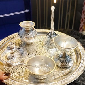 Silver Thali Set Gift , German Silver Pooja Thali Set with Velvet Gift Box |Silver Plated Puja Thali | Diwali Gift | Wedding Return Gift Set image 14