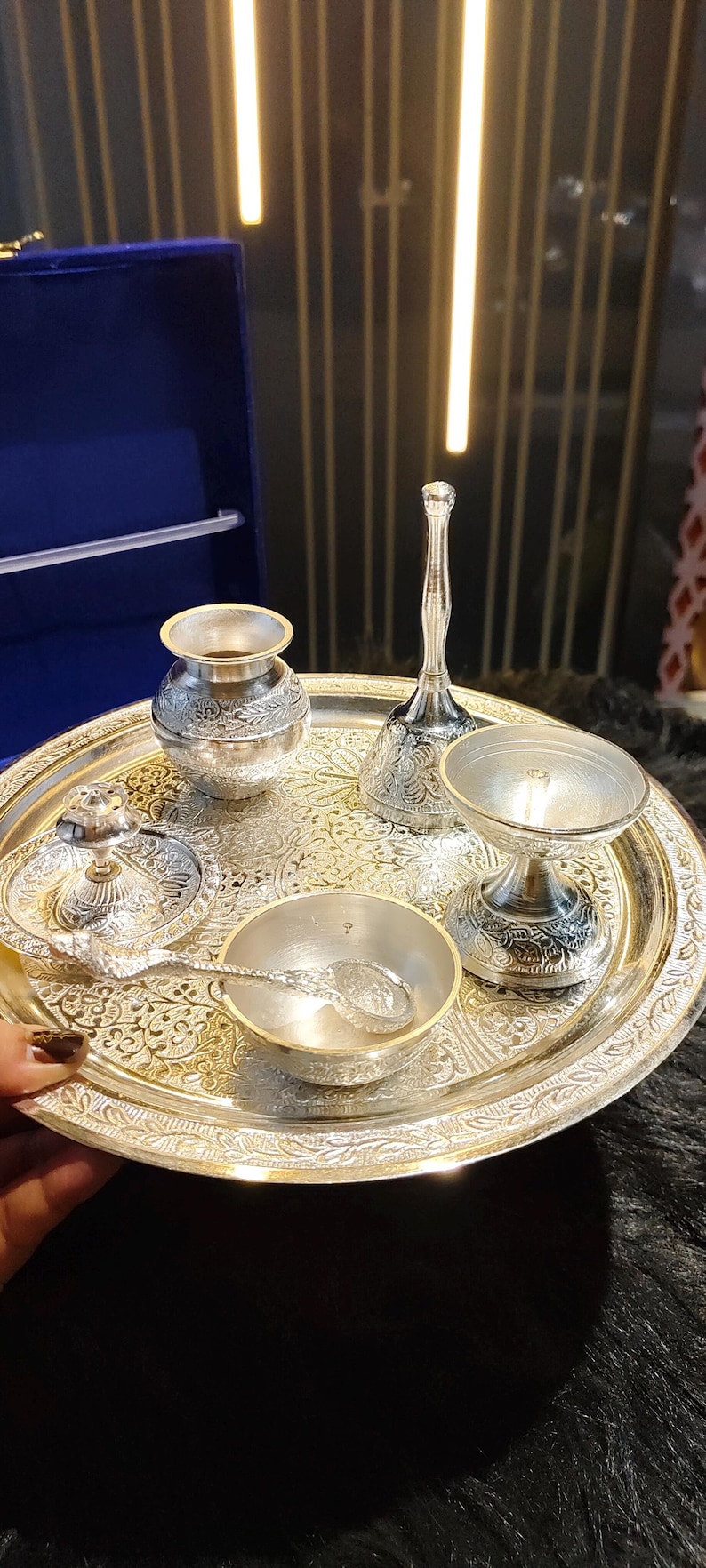 Silver Thali Set Gift , German Silver Pooja Thali Set with Velvet Gift Box |Silver Plated Puja Thali | Diwali Gift | Wedding Return Gift Set image 14