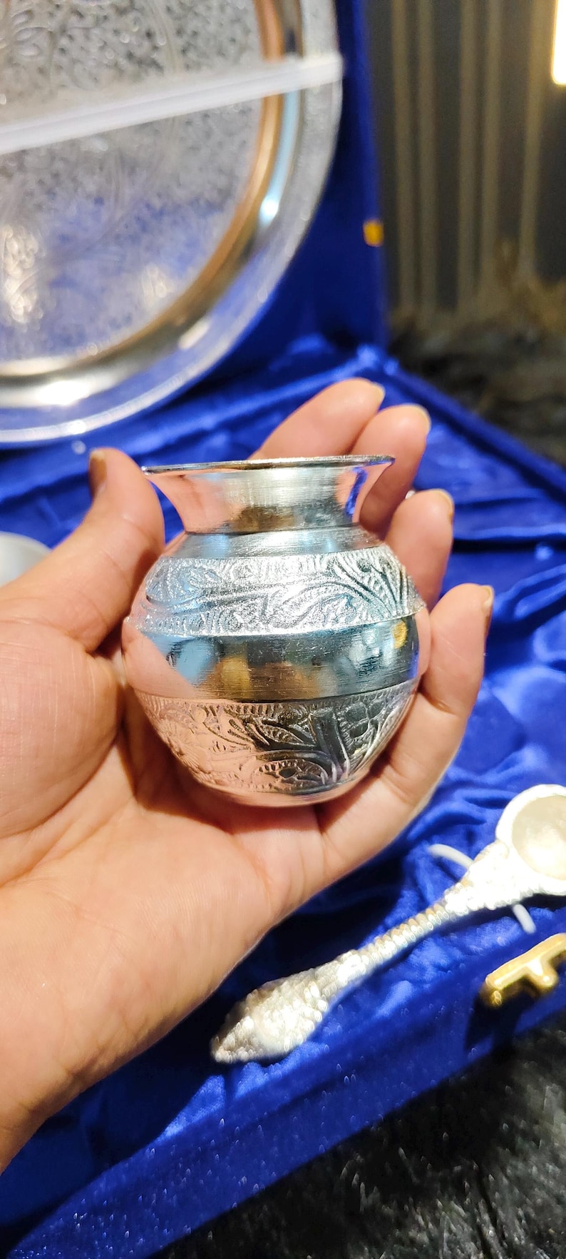 Silver Thali Set Gift , German Silver Pooja Thali Set with Velvet Gift Box |Silver Plated Puja Thali | Diwali Gift | Wedding Return Gift Set image 9
