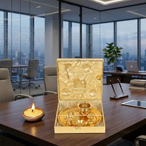 May include: A gold-toned metal puja thali set arranged inside a square, fabric-lined presentation box. The set includes a circular tray, a small cup, a bell, and two smaller bowls, all featuring a polished metallic finish and reflective surfaces.