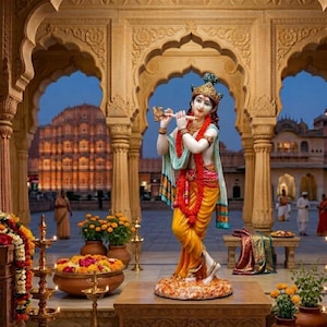 May include: A statue of the deity Krishna playing a flute, wearing a yellow dhoti and orange sash, adorned with jewelry and a crown. The figure stands on a circular base, positioned in front of an arched stone structure with a building in the distance.