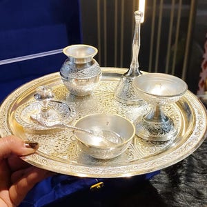 Silver Thali Set Gift , German Silver Pooja Thali Set with Velvet Gift Box |Silver Plated Puja Thali | Diwali Gift | Wedding Return Gift Set image 5