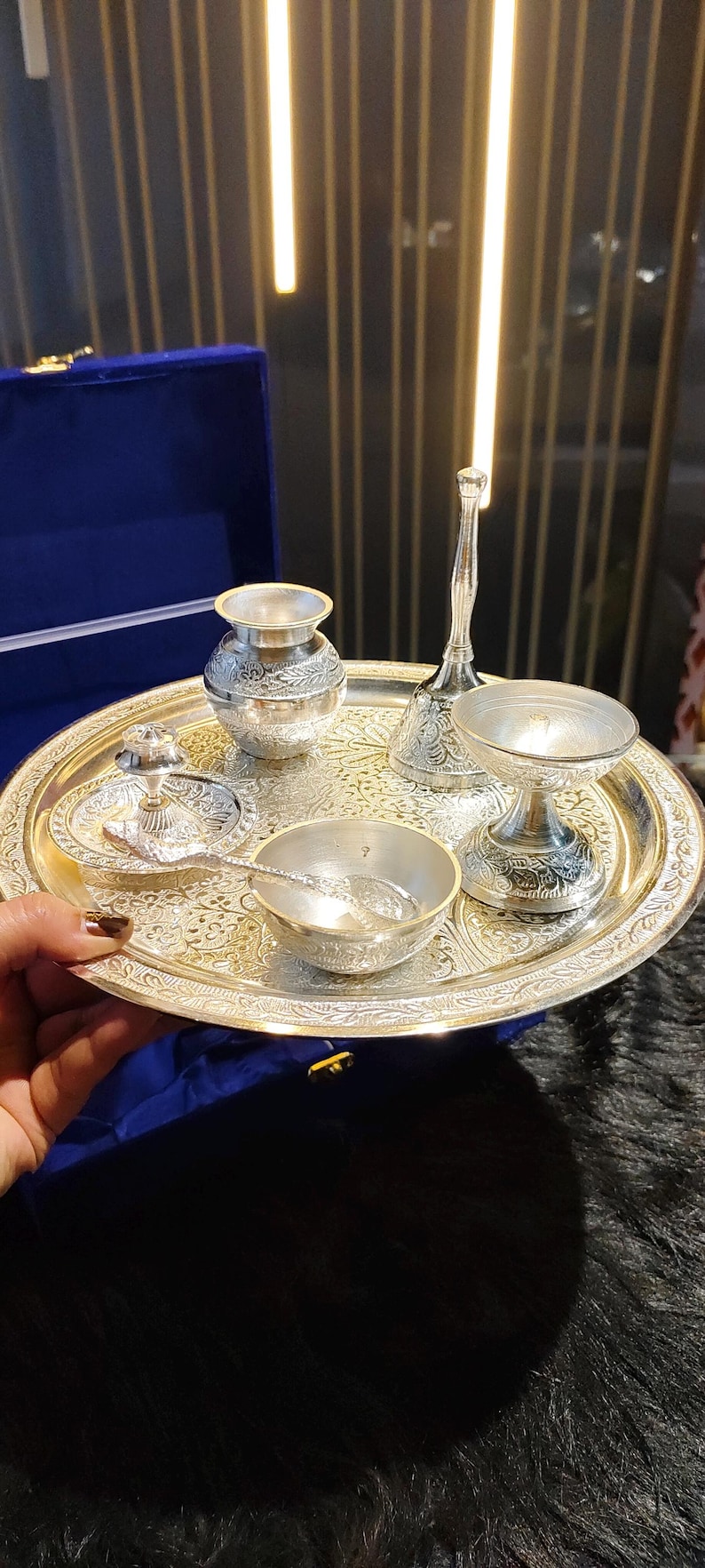Silver Thali Set Gift , German Silver Pooja Thali Set with Velvet Gift Box |Silver Plated Puja Thali | Diwali Gift | Wedding Return Gift Set image 5