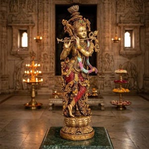 Puede incluir: Una detallada estatua dorada de una deidad tocando la flauta, adornada con intrincadas tallas y coloridas vestiduras. La estatua se alza sobre una base decorativa, en un interior tipo templo con arquitectura ornamentada e iluminaci&oacute;n suave.