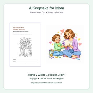 Christian Memory Book for Mom from Son, Kawaii Coloring Keepsake about Dad, 30 Pages, A4 A3 Printable