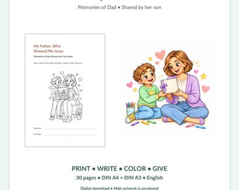 Christian Memory Book for Mom from Son, Kawaii Coloring Keepsake about Dad, 30 Pages, A4 A3 Printable