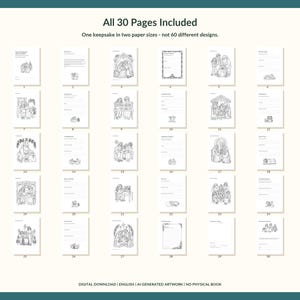 May include: A collection of 30 printable pages featuring black and white line art illustrations and lined writing sections. The text at the top reads All 30 Pages Included, and the bottom text reads DIGITAL DOWNLOAD | ENGLISH | AI-GENERATED ARTWORK | NO PHYSICAL BOOK.