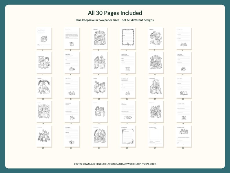 May include: A collection of 30 printable pages featuring black and white line art illustrations and lined writing sections. The text at the top reads All 30 Pages Included, and the bottom text reads DIGITAL DOWNLOAD | ENGLISH | AI-GENERATED ARTWORK | NO PHYSICAL BOOK.