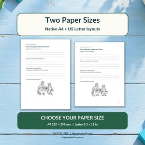 Puede incluir: Dos dise&ntilde;os de papel imprimible para una hoja de trabajo titulada Your Example Helps Me Grow. Las p&aacute;ginas incluyen l&iacute;neas para escribir y un dibujo lineal de un adulto y un ni&ntilde;o sentados en un banco. Texto: A4 + US Letter layouts.