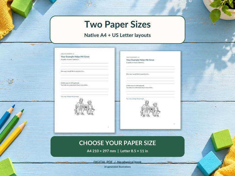 Puede incluir: Dos dise&ntilde;os de papel imprimible para una hoja de trabajo titulada Your Example Helps Me Grow. Las p&aacute;ginas incluyen l&iacute;neas para escribir y un dibujo lineal de un adulto y un ni&ntilde;o sentados en un banco. Texto: A4 + US Letter layouts.